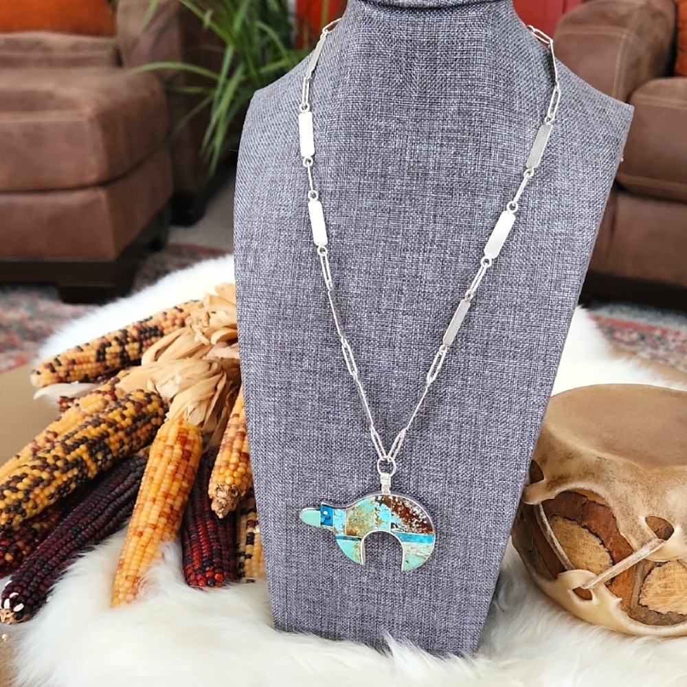Stunning NWT Native American Navajo Inlaid Turquoise Bear Necklace 💙🐻🤎🎁